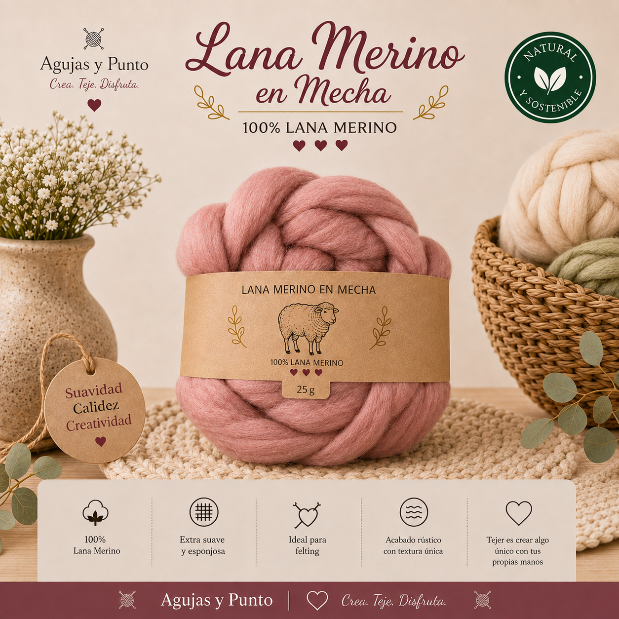 Lana Merino en Mecha 25 g 100% lana merino natural de Agujas y Punto ideal para fieltro, tejido XXL, tricot, crochet y manualidades artesanales.