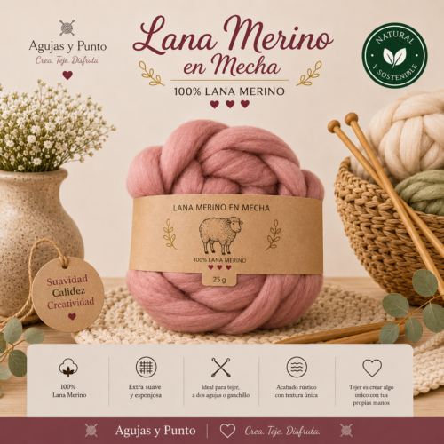 Lana Merino en Mecha 25 g 100% lana merino natural de Agujas y Punto ideal para fieltro, tejido XXL, tricot, crochet y manualidades artesanales.