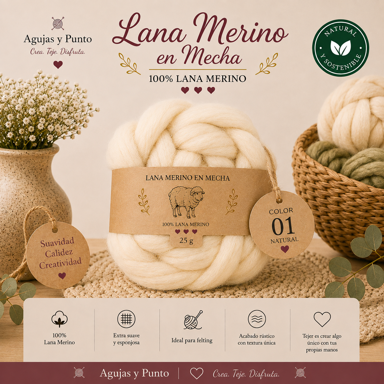 Lana merino en mecha 25 gr - Imagen 3