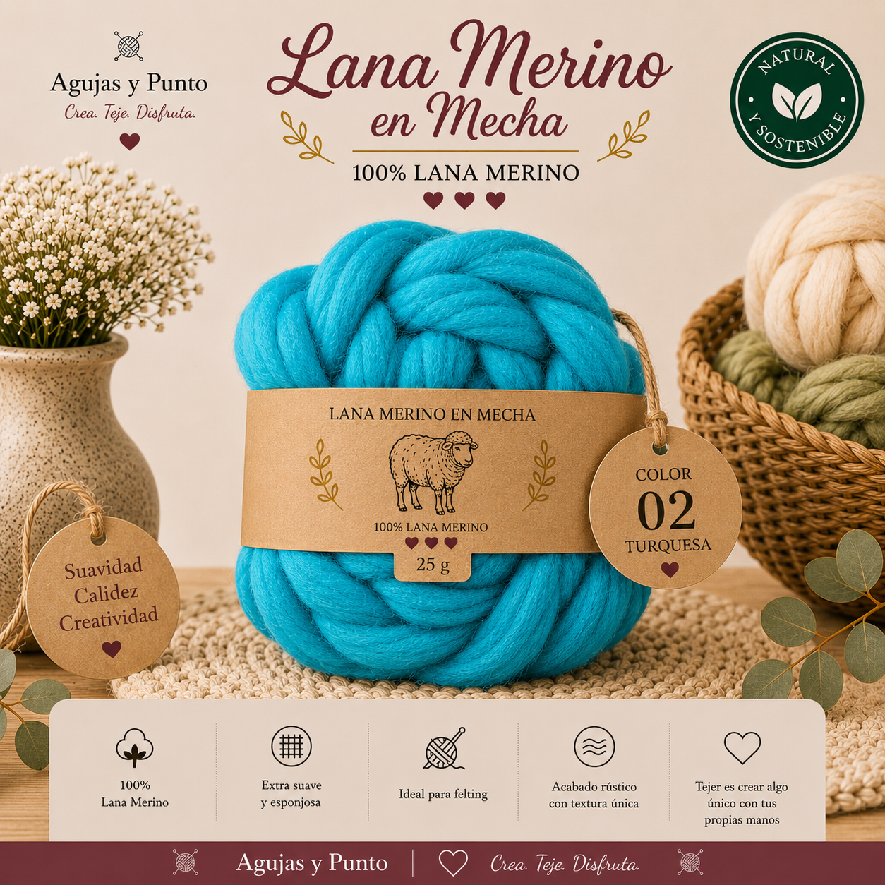 Lana Merino en Mecha color 02 Turquesa 100% lana merino para fieltro húmedo y fieltro seco Agujas y Punto