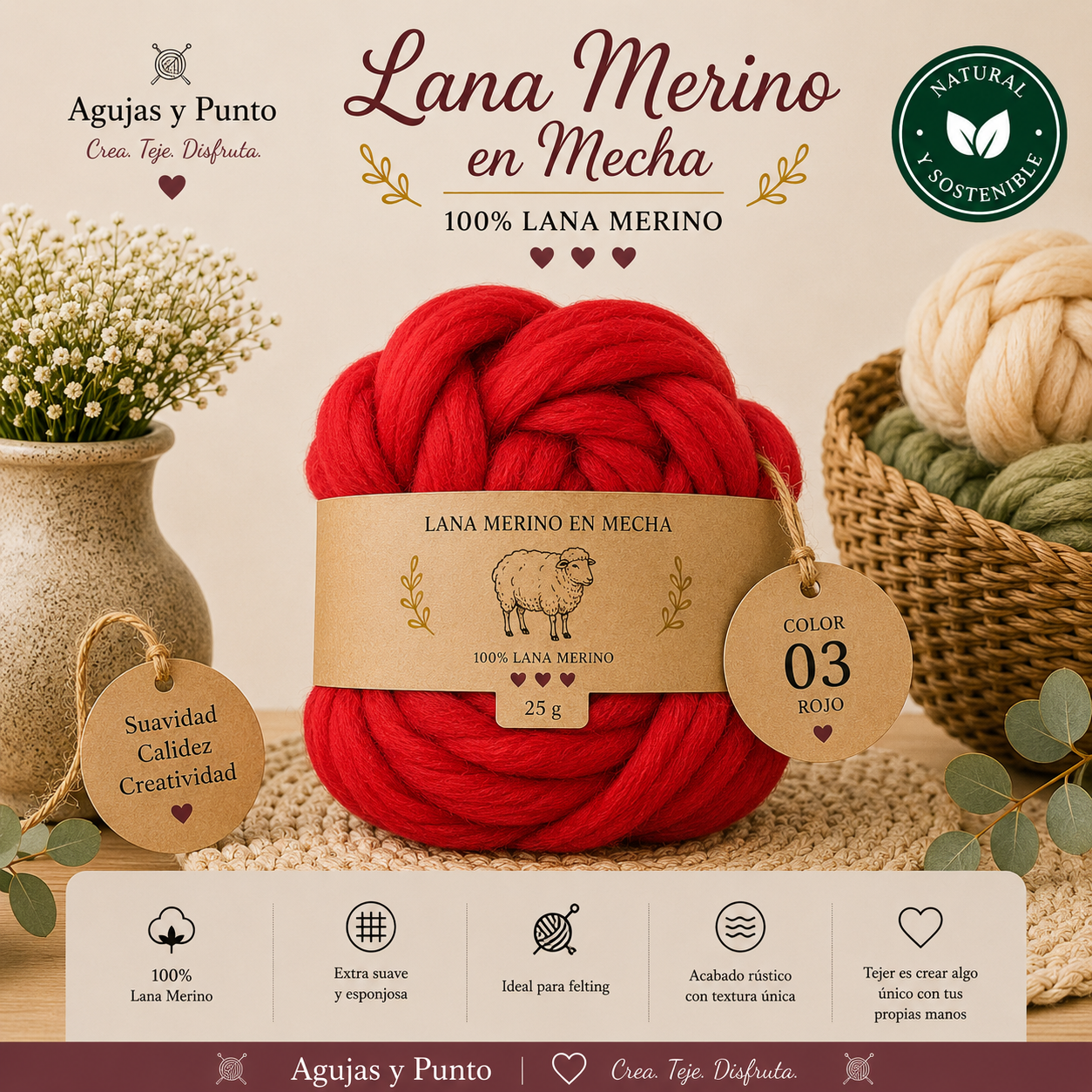 Lana Merino en Mecha color 03 Rojo 100% lana merino para fieltro húmedo y fieltro seco Agujas y Punto