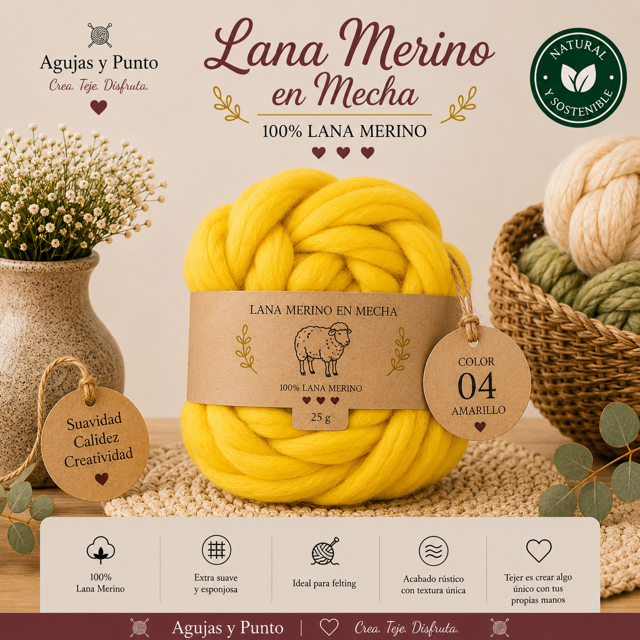Lana Merino en Mecha color 04 Amarillo 100% lana merino para fieltro húmedo y fieltro seco Agujas y Punto