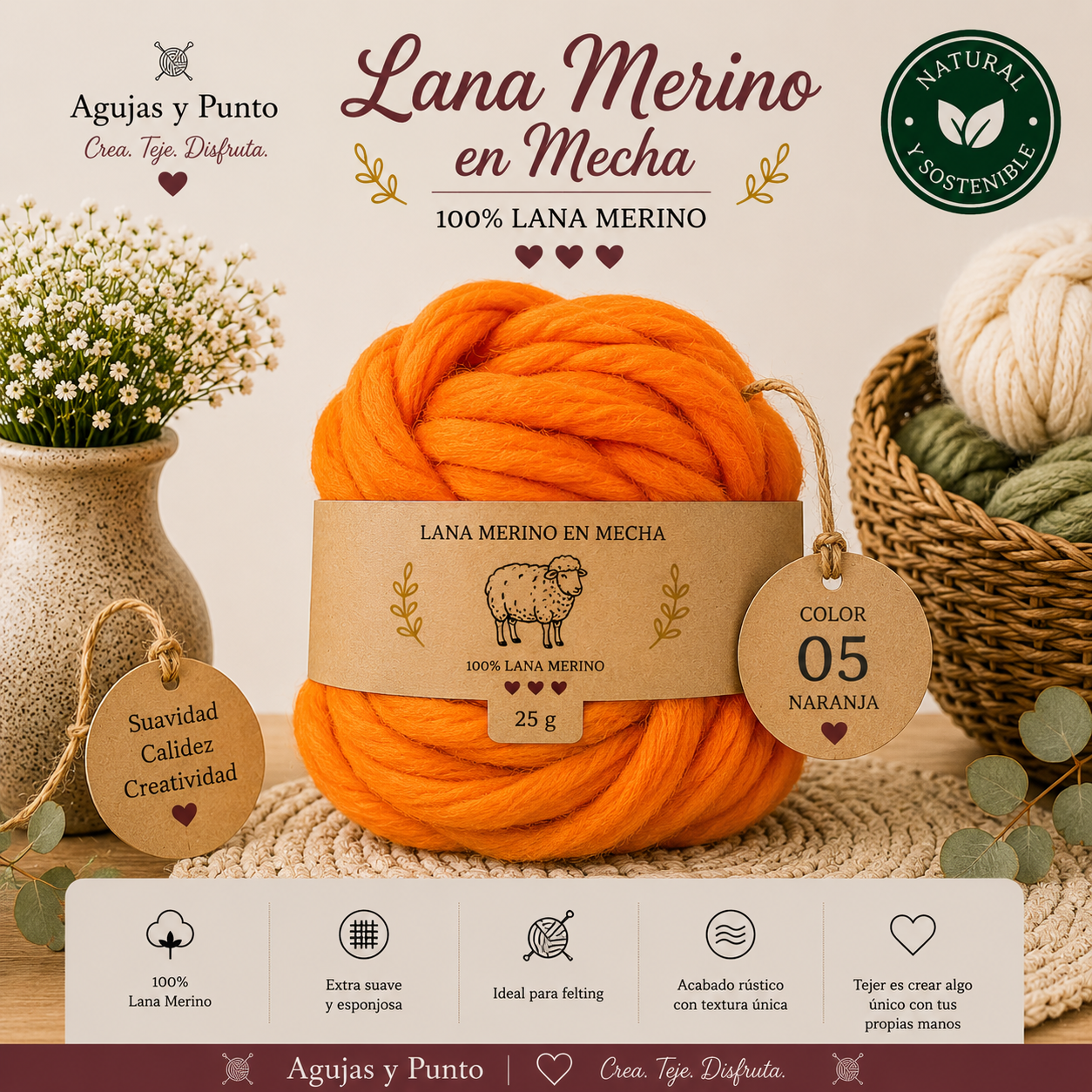 Lana Merino en Mecha color 05 Naranja 100% lana merino para fieltro húmedo y fieltro seco Agujas y Punto