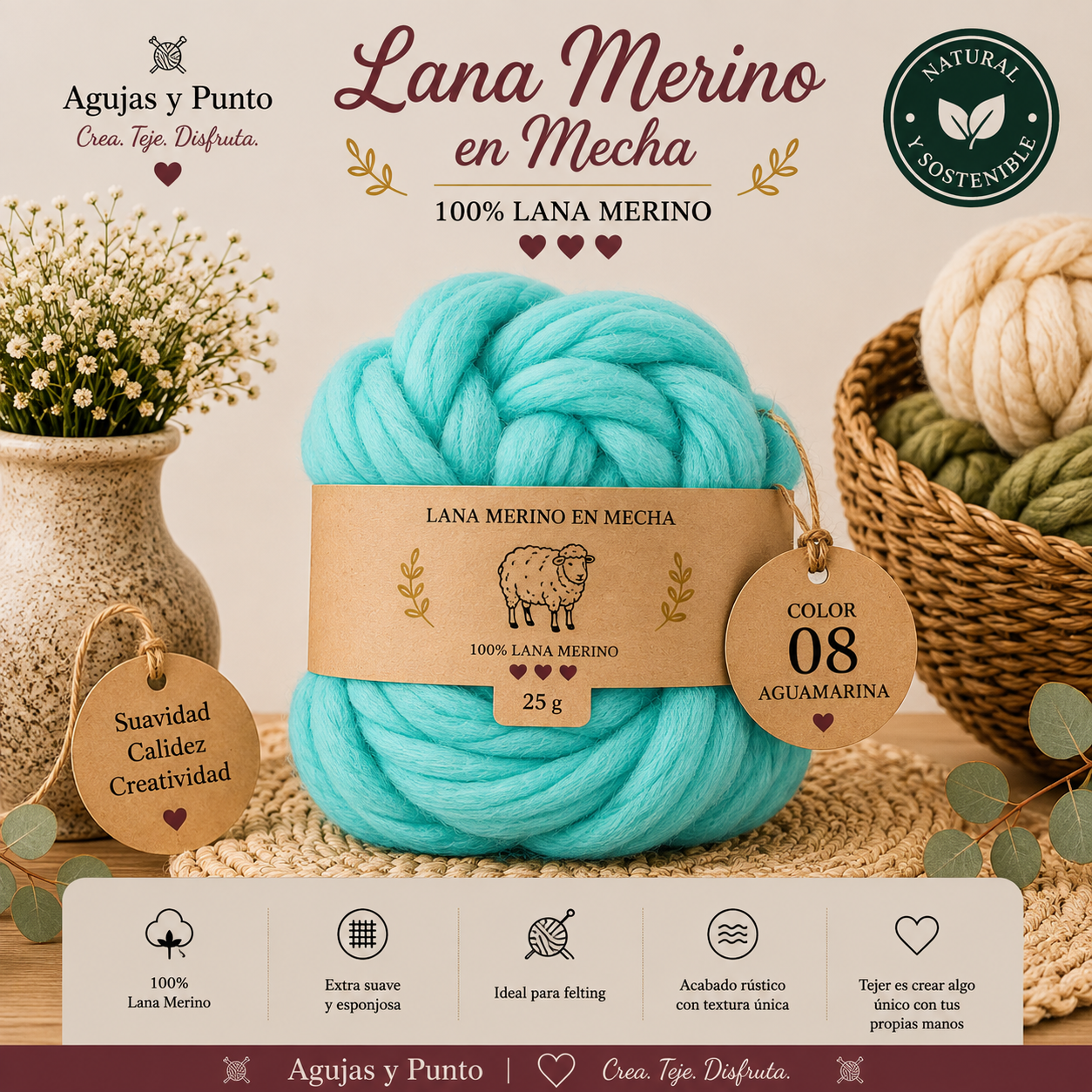 Lana Merino en Mecha color 08 Aguamarina 100% lana merino para fieltro húmedo y fieltro seco Agujas y Punto