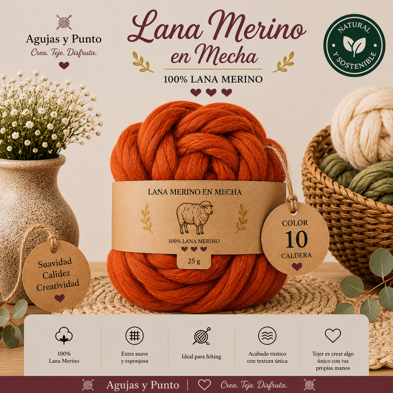 Lana Merino en Mecha color 10 Caldera 100% lana merino para fieltro húmedo y fieltro seco Agujas y Punto