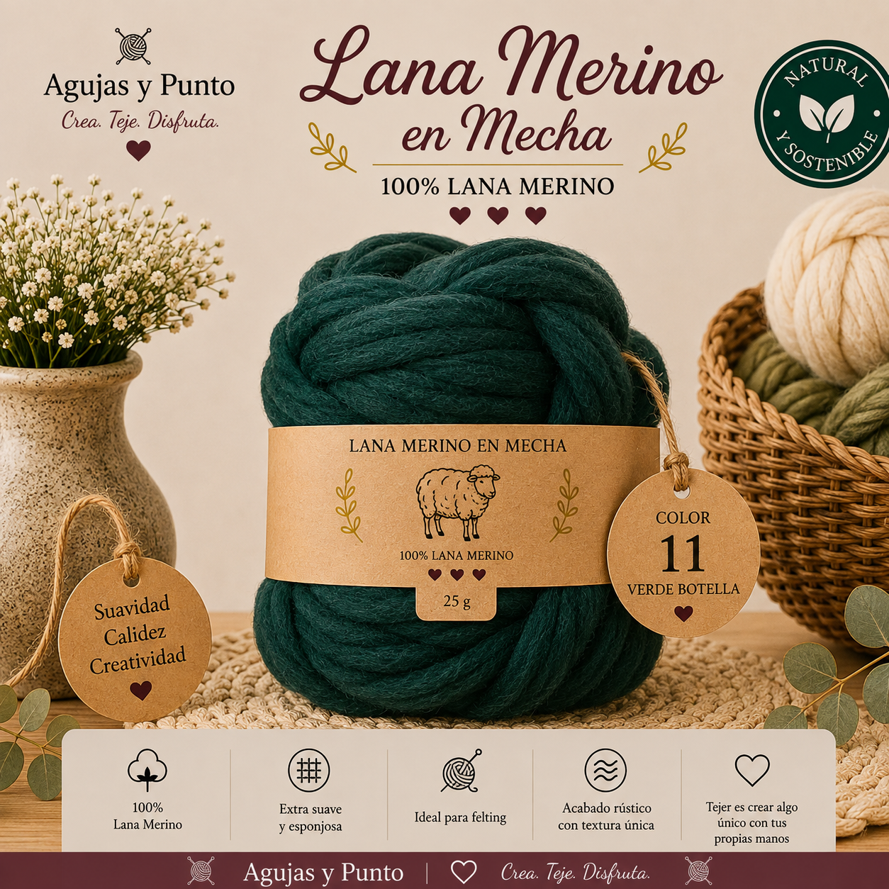 Lana Merino en Mecha color 11 Verde Botella 100% lana merino para fieltro húmedo y fieltro seco Agujas y Punto