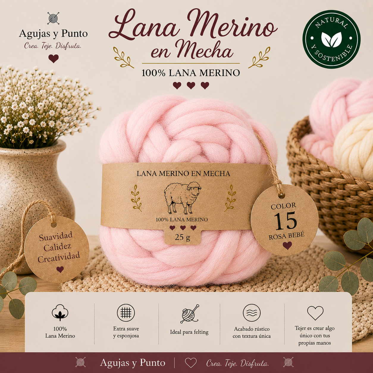 Lana Merino en Mecha color 15 Rosa Bebé 100% lana merino para fieltro húmedo y fieltro seco Agujas y Punto