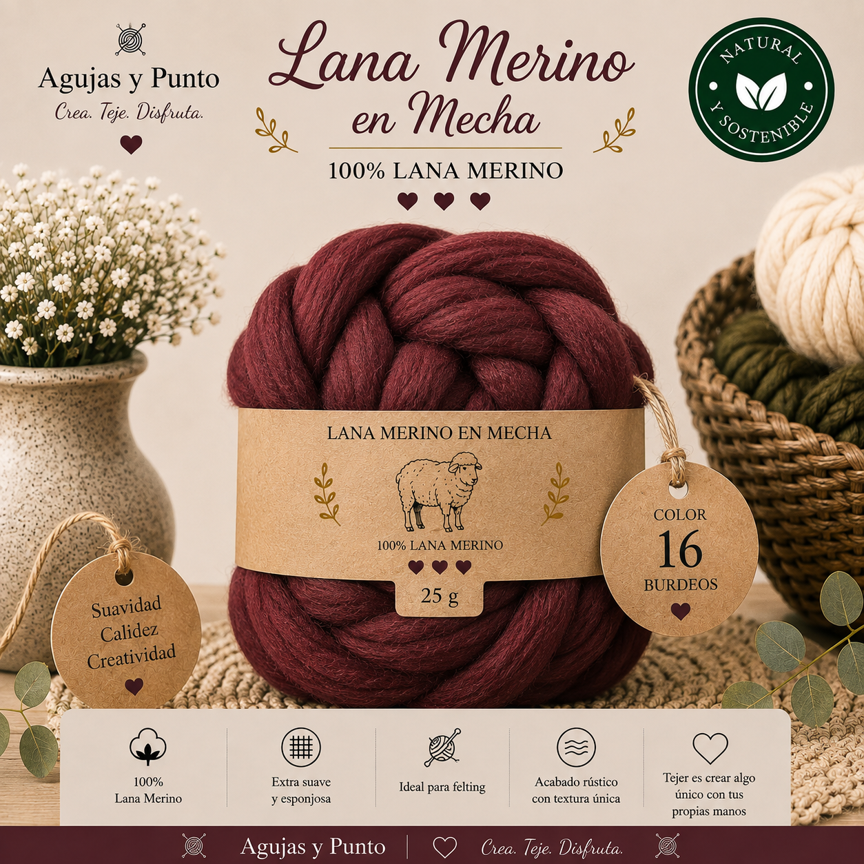 Lana Merino en Mecha color 16 Burdeos 100% lana merino para fieltro húmedo y fieltro seco Agujas y Punto