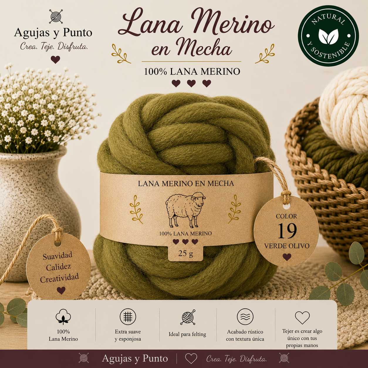 Lana Merino en Mecha color 19 Verde Olivo 100% lana merino para fieltro húmedo y fieltro seco Agujas y Punto