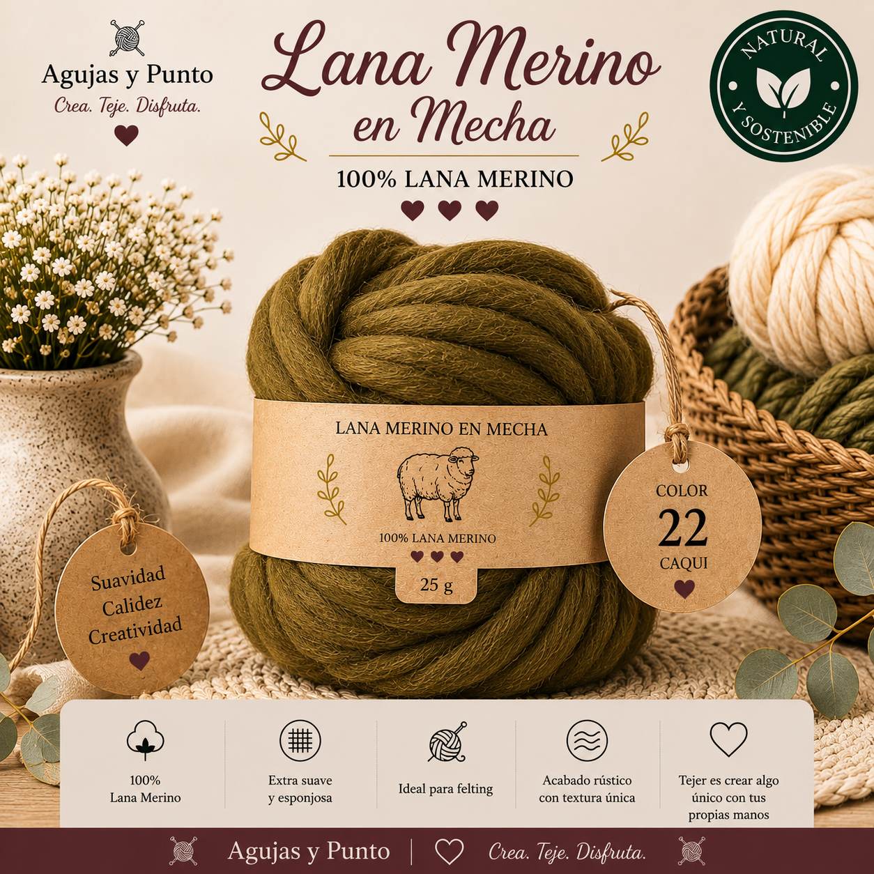 Lana Merino en Mecha color 22 Caqui 100% lana merino para fieltro húmedo y fieltro seco Agujas y Punto
