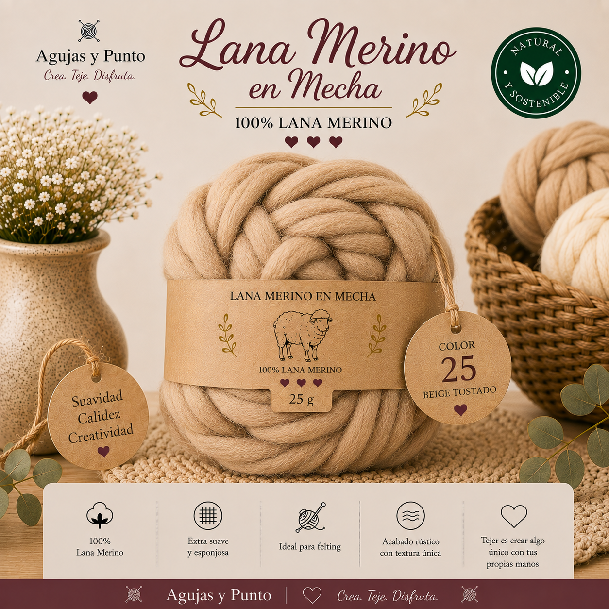 Lana Merino en Mecha color 25 Beige Tostado 100% lana merino para fieltro húmedo y fieltro seco Agujas y Punto