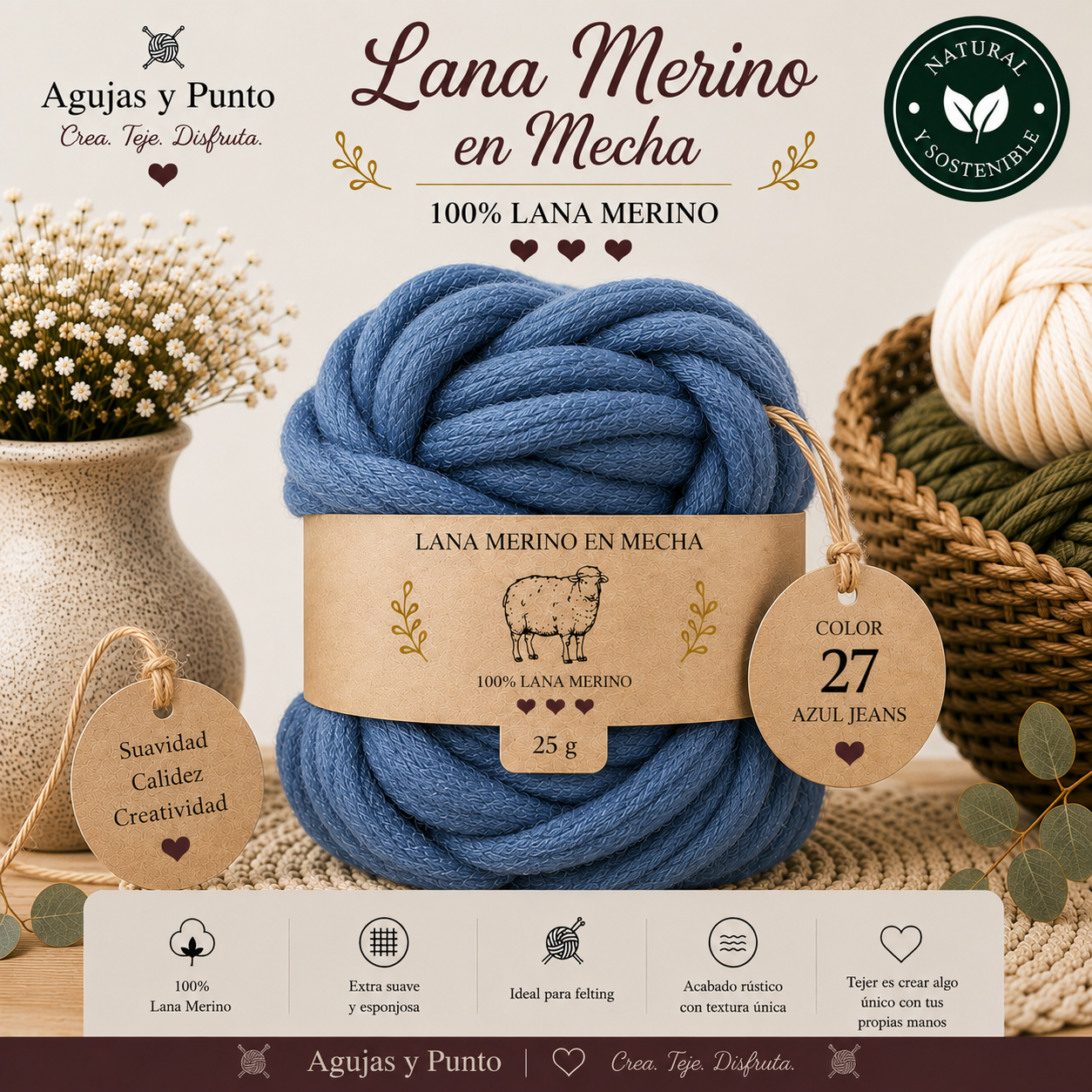 Lana Merino en Mecha color 27 Azul Jeans 100% lana merino para fieltro húmedo y fieltro seco Agujas y Punto