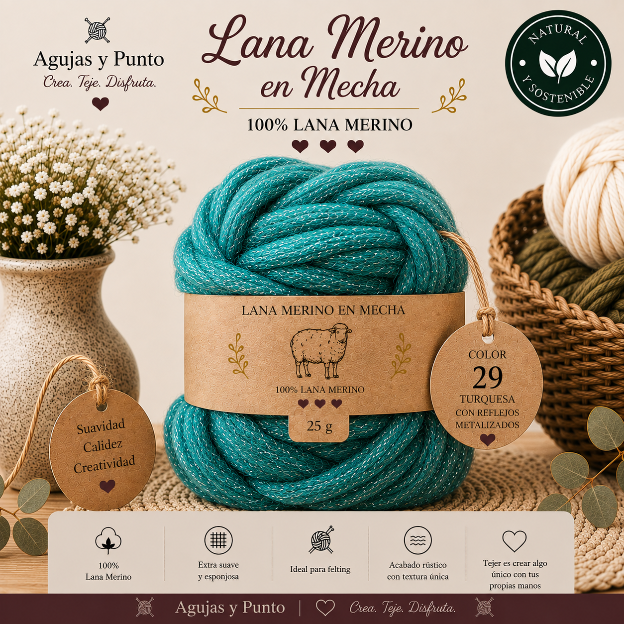 Lana Merino en Mecha color 29 turquesa con reflejos metalizados 100% lana merino para fieltro Agujas y Punto