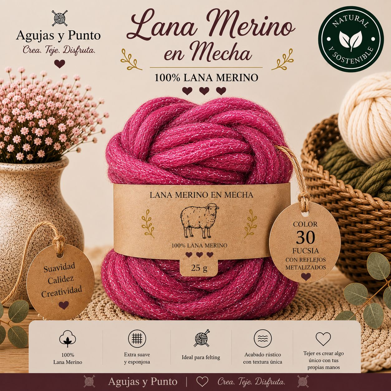 Lana Merino en Mecha color 30 fucsia con reflejos metalizados 100% lana merino para fieltro Agujas y Punto