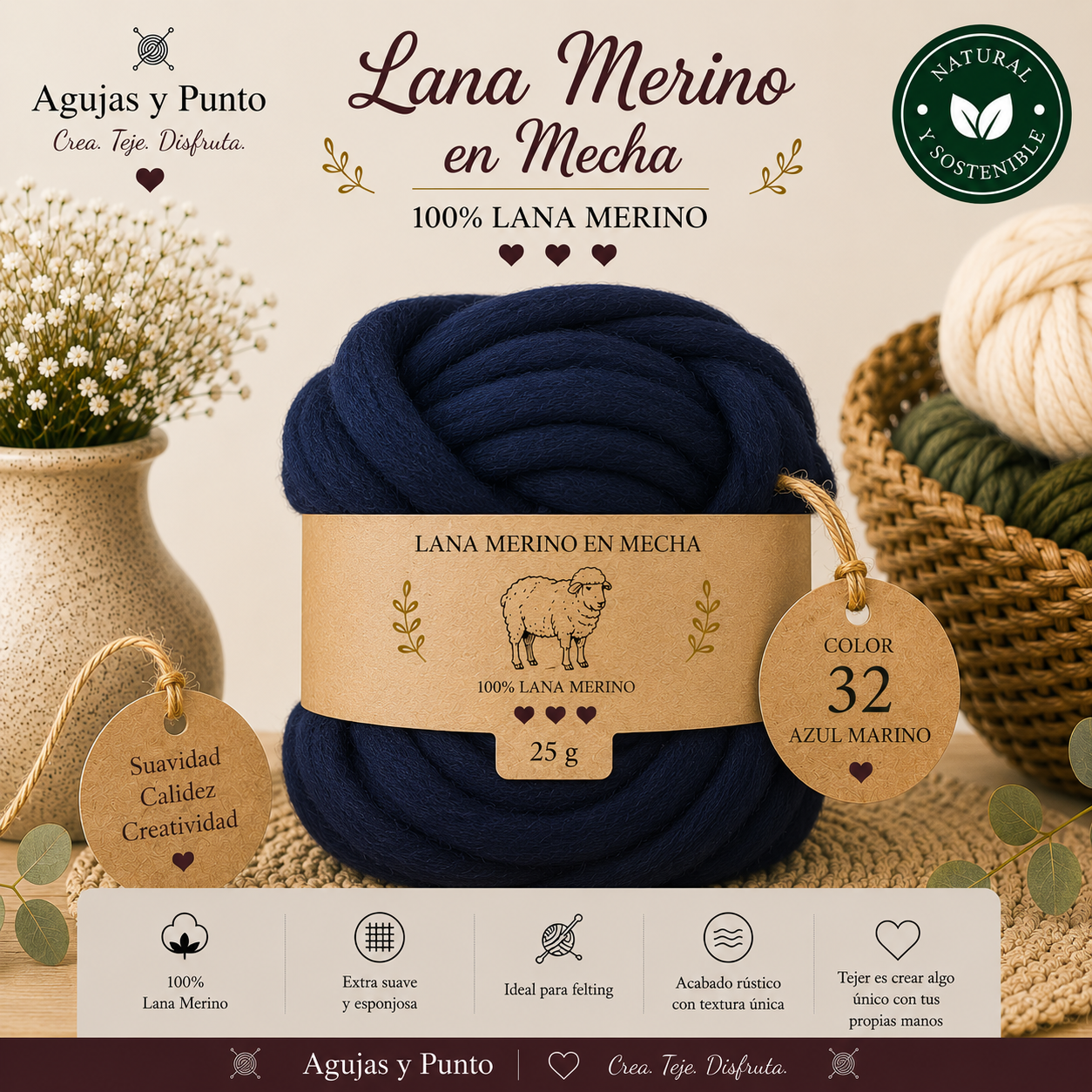 Lana Merino en Mecha color 32 azul marino 100% lana merino para fieltro seco y húmedo Agujas y Punto
