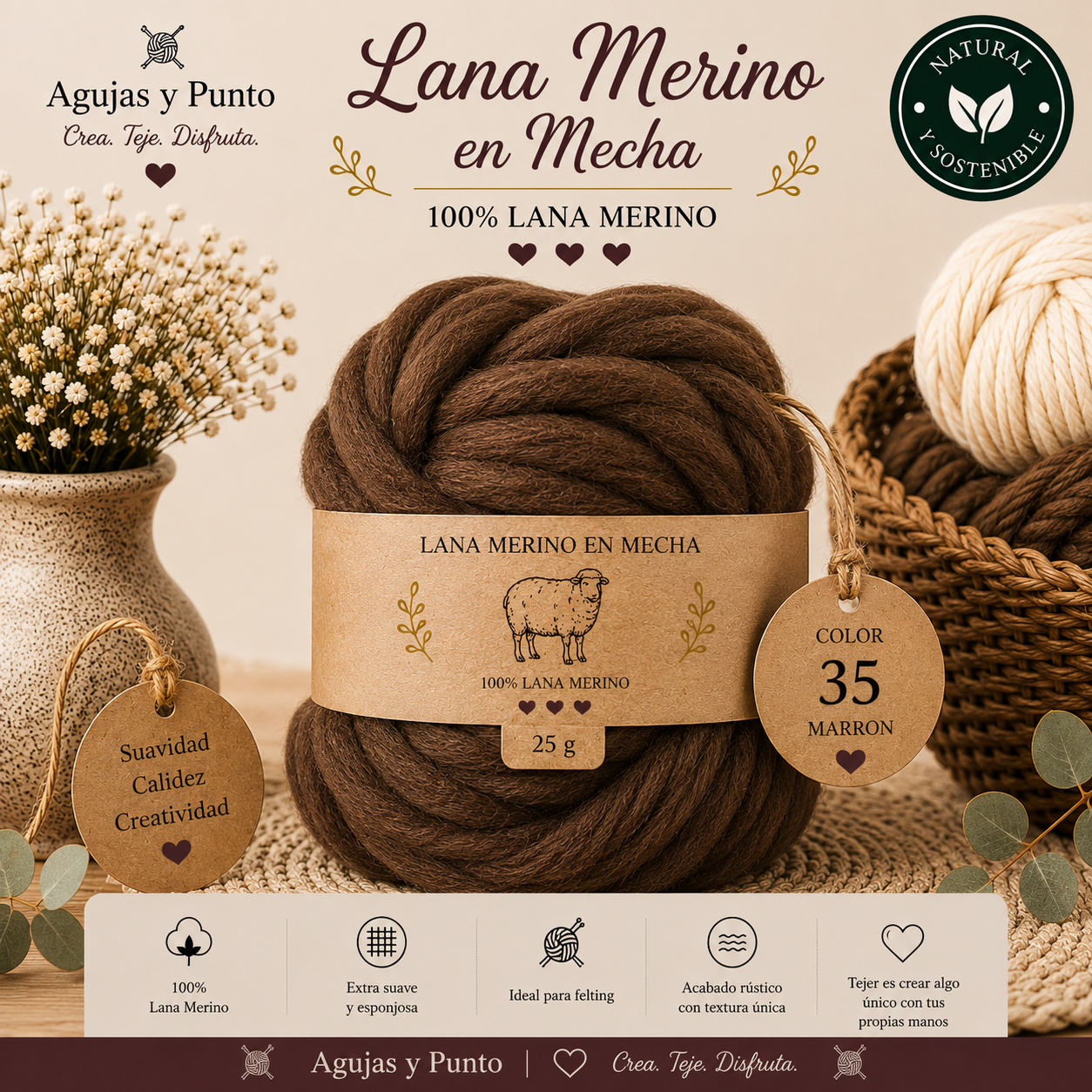 Lana Merino en Mecha color 35 marrón 100% lana merino para fieltro seco y húmedo Agujas y Punto