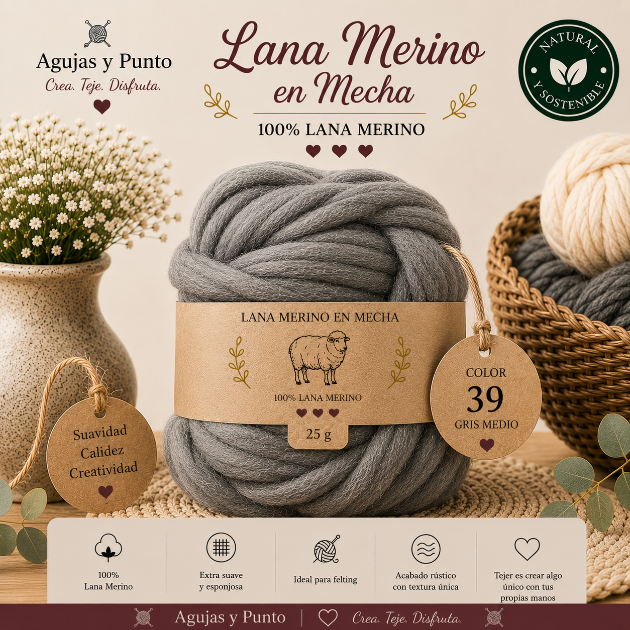 Lana Merino en Mecha color 39 gris medio 100% lana merino para fieltro seco y húmedo Agujas y Punto