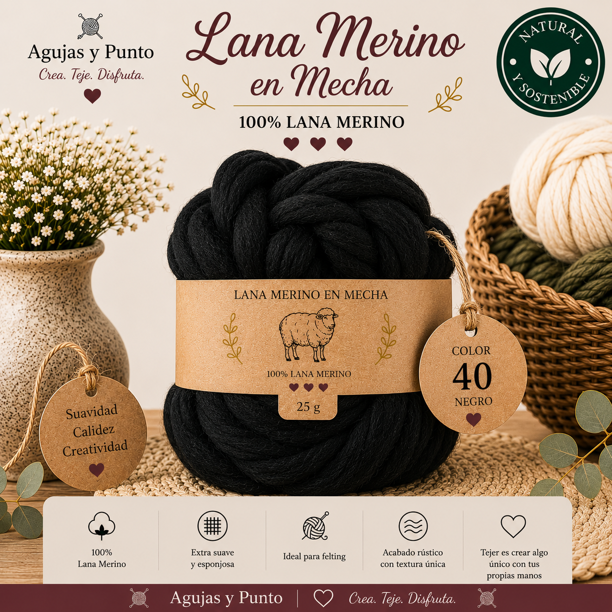 Lana Merino en Mecha color 40 negro 100% lana merino para fieltro seco y húmedo Agujas y Punto