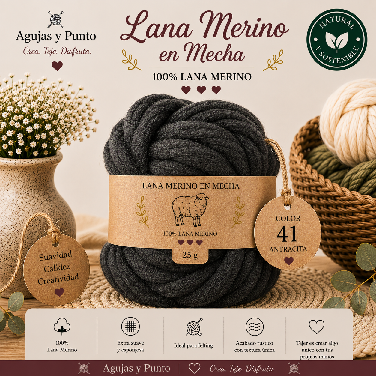 Lana Merino en Mecha color 41 antracita 100% lana merino para fieltro seco y húmedo Agujas y Punto