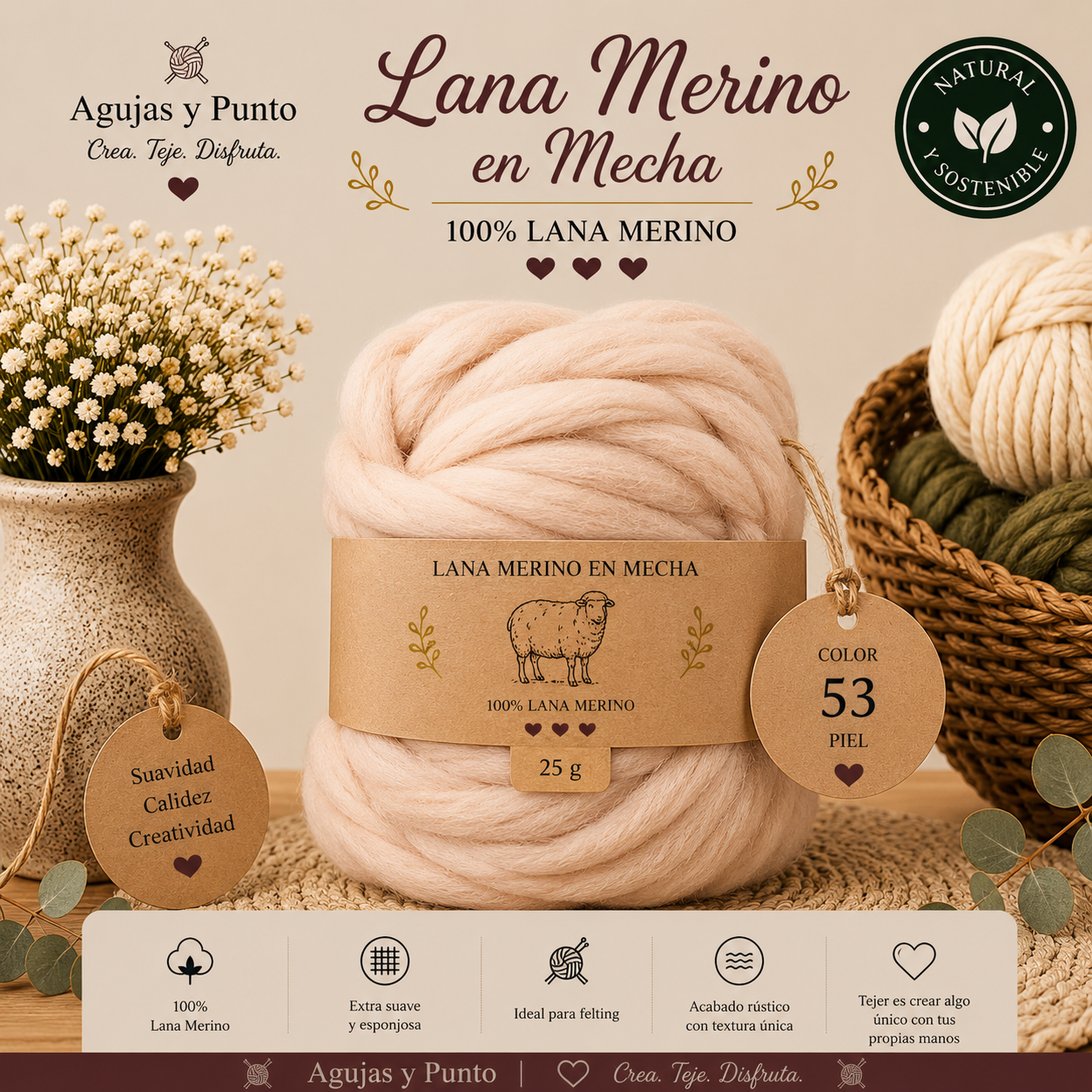 Lana Merino en Mecha color 53 piel 100% lana merino para fieltro seco y húmedo Agujas y Punto