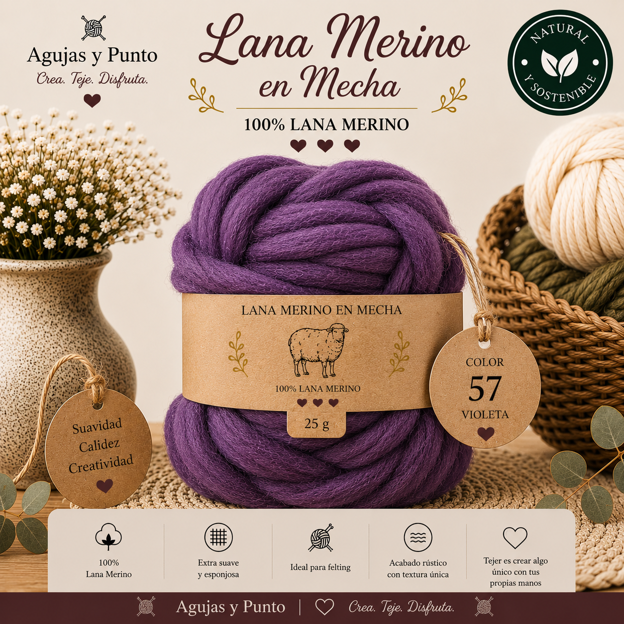 Lana Merino en Mecha color 57 violeta 100% lana merino para fieltro seco y húmedo Agujas y Punto