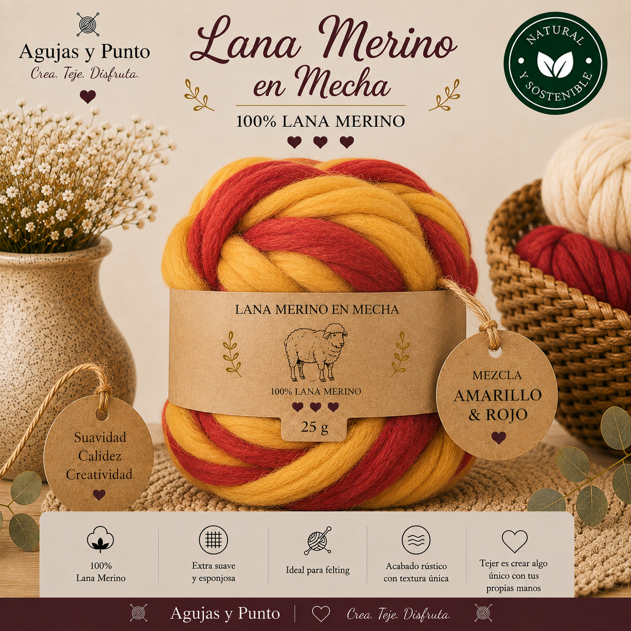 Lana Merino en Mecha mezcla amarillo y rojo 100% lana merino para fieltro artístico Agujas y Punto