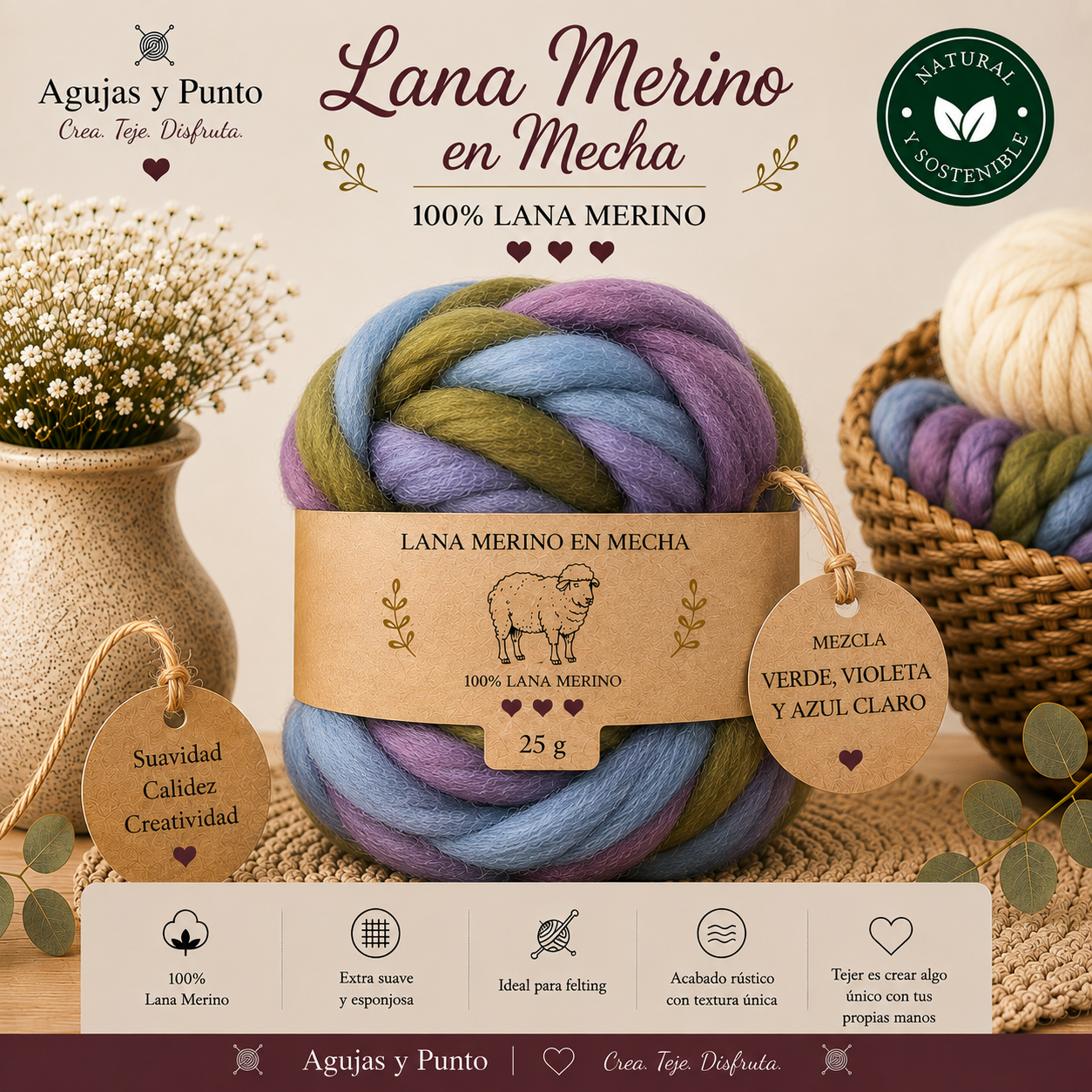 Lana Merino en Mecha mezcla verde violeta y azul claro 100% lana merino para fieltro creativo Agujas y Punto