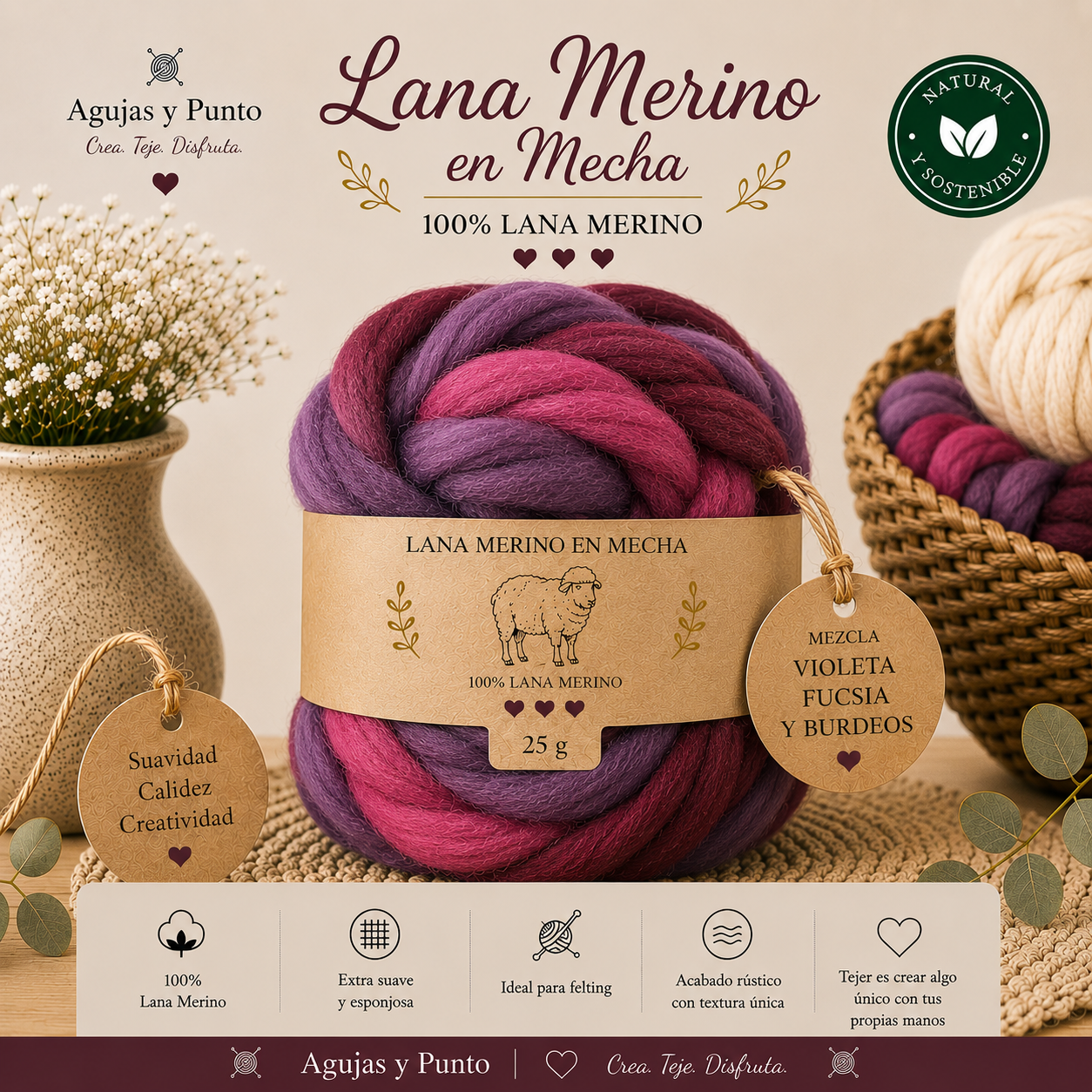 Lana Merino en Mecha mezcla violeta fucsia y burdeos 100% lana merino para fieltro creativo Agujas y Punto