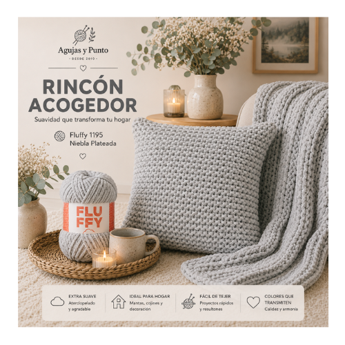 Rincón decorativo con cojín y manta tejidos con Fluffy color 1195 Niebla Plateada