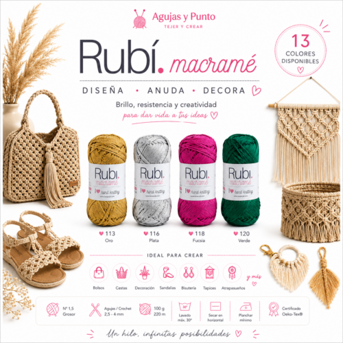 Rubí Macramé colección de 13 colores para bolsos, cestas, tapices y decoración artesanal