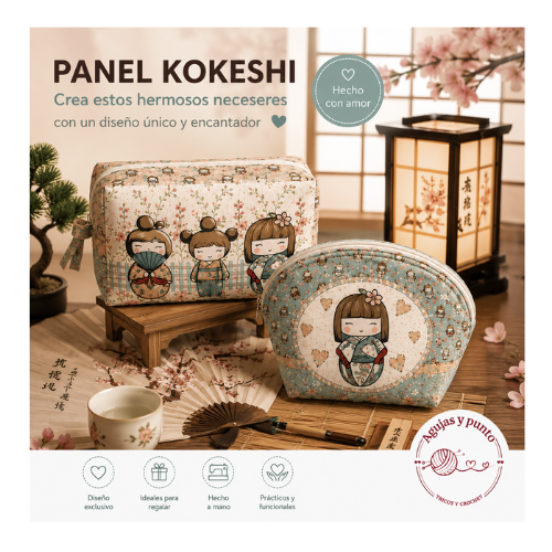 Neceseres Kokeshi confeccionados con panel de tela japonesa en un ambiente oriental decorativo