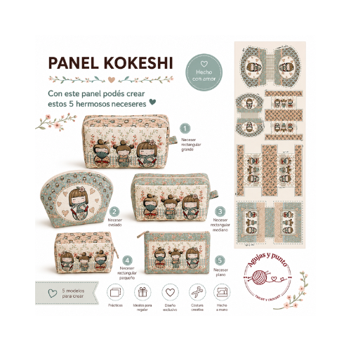 Panel Kokeshi para costura creativa con 5 modelos de neceser confeccionados en tela japonesa estampada