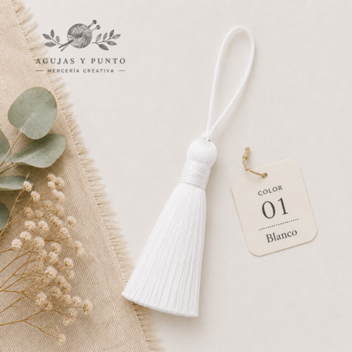 Borla de torzal blanca color 01 para bisutería, decoración y manualidades