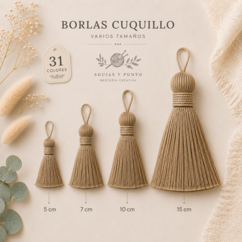 Borlas Cuquillo decorativas disponibles en 31 colores y 4 tamaños de 5, 7, 10 y 15 cm para bolsos, llaveros, crochet, costura y manualidades.