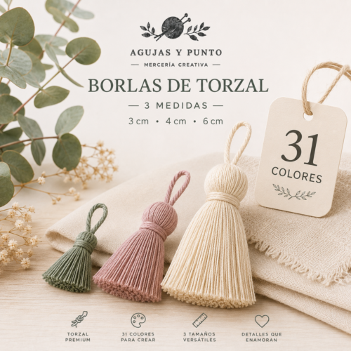 Borlas de torzal disponibles en 31 colores y 3 medidas para bisutería, decoración, costura, bolsos, llaveros y proyectos de manualidades