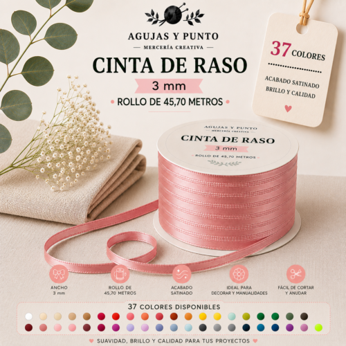 Cinta de raso 3 mm disponible en 37 colores rollo de 45,70 metros para costura y manualidades Agujas y Punto