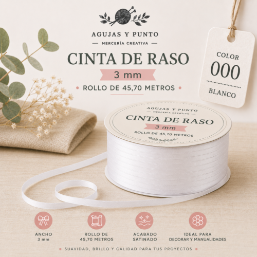 Cinta de raso 3 mm color blanco rollo de 45,70 metros Agujas y Punto