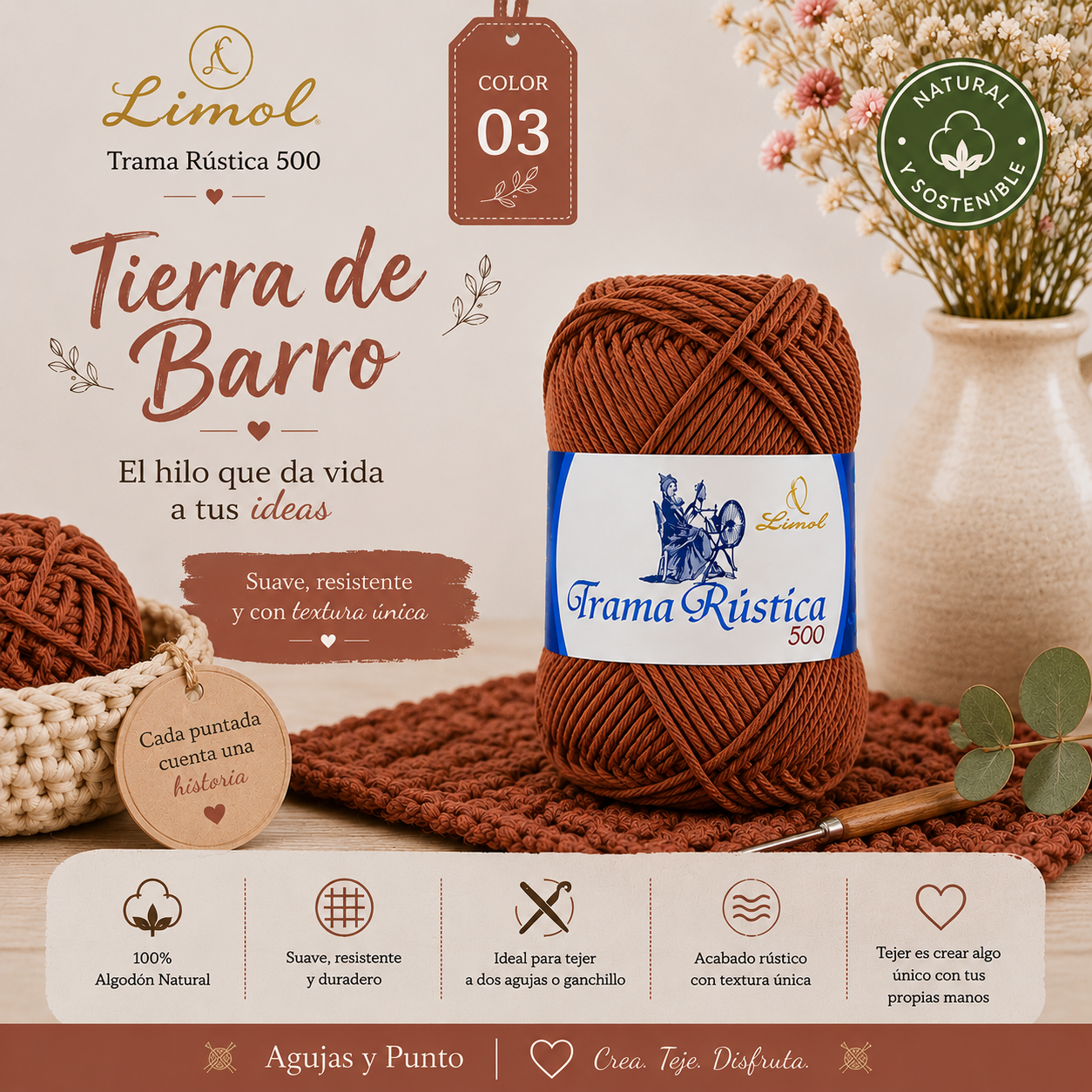 Trama Rústica 500 Limol color 03 Tierra de Barro algodón natural para crochet, punto y macramé | Agujas y Punto